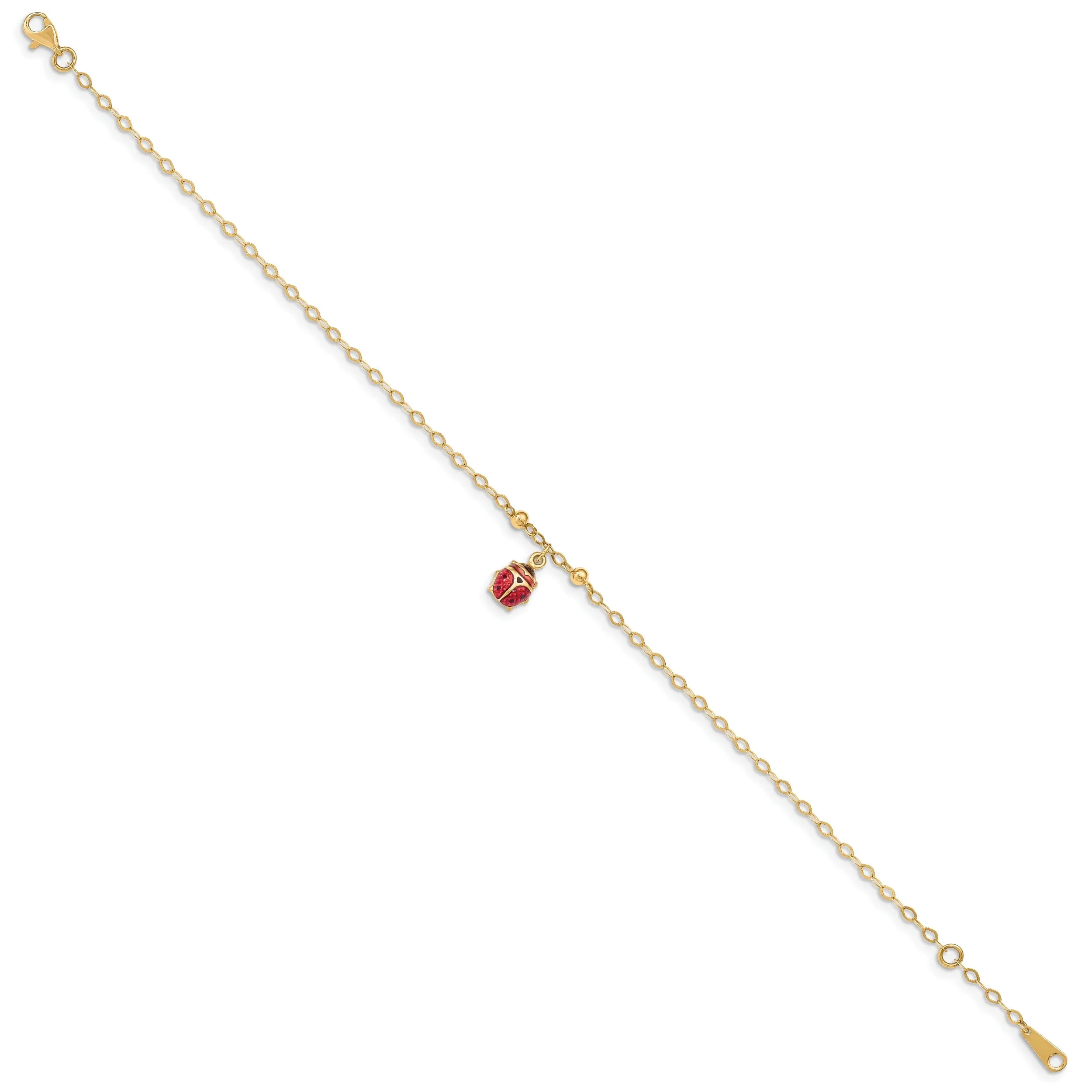 14k Yellow Gold Adjustable Enameled Ladybug Anklet