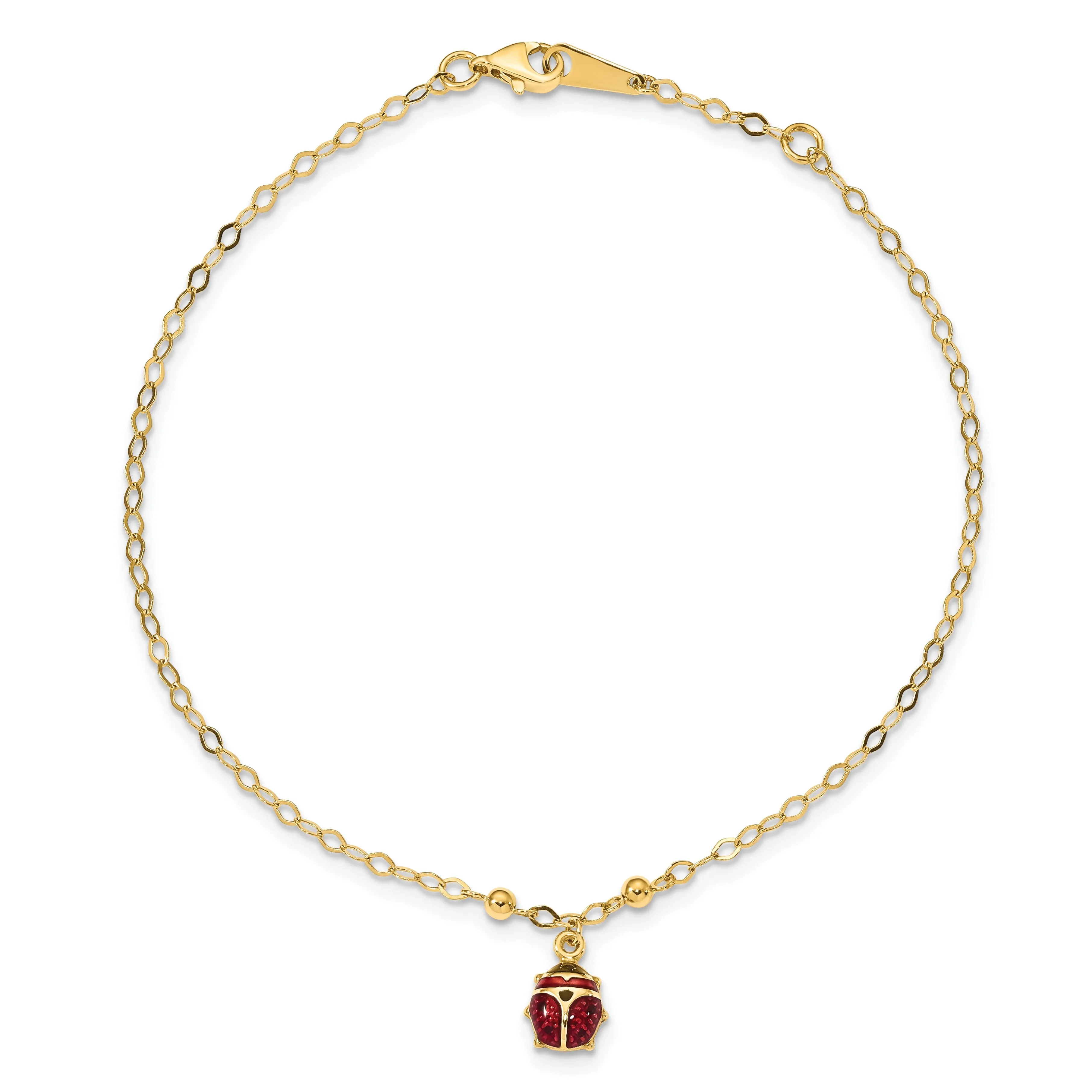 14k Yellow Gold Adjustable Enameled Ladybug Anklet