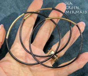 14k Yellow Gold and Black Leather Slip-On Bangles. Set of 3