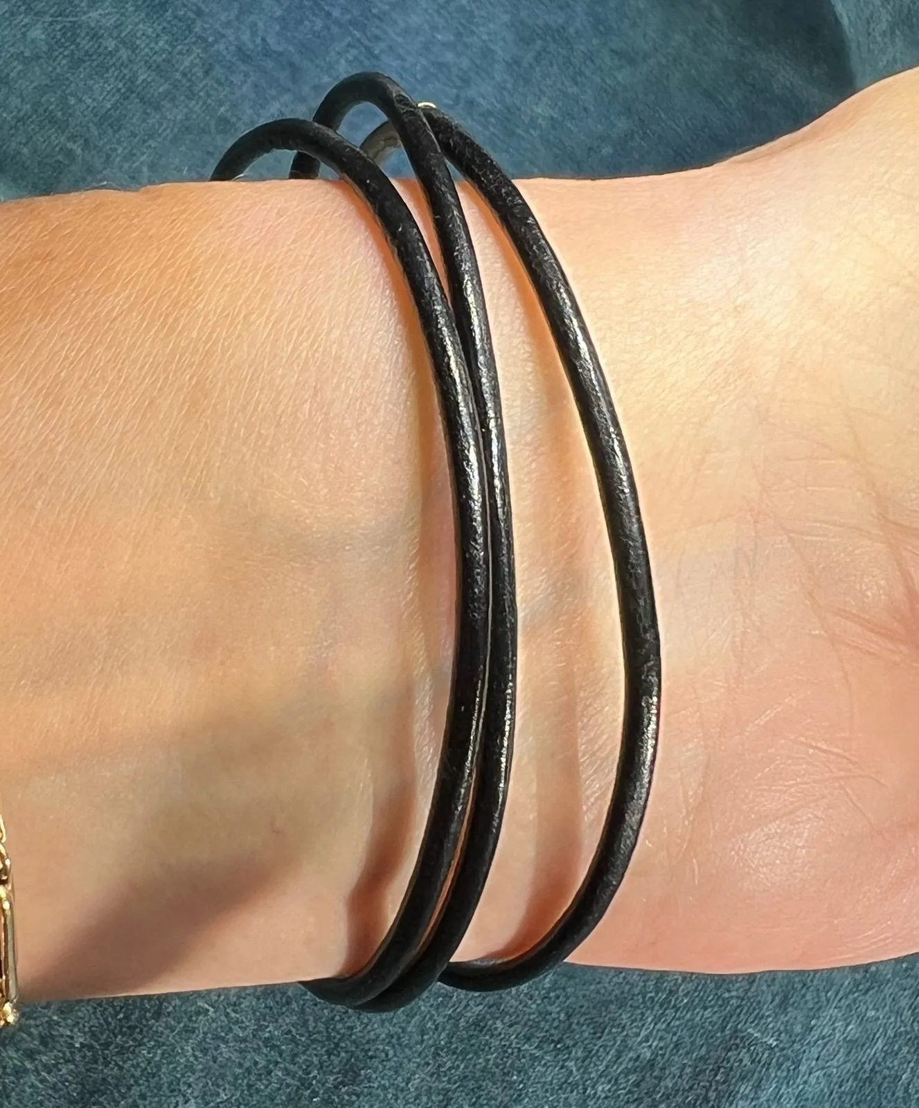 14k Yellow Gold and Black Leather Slip-On Bangles. Set of 3