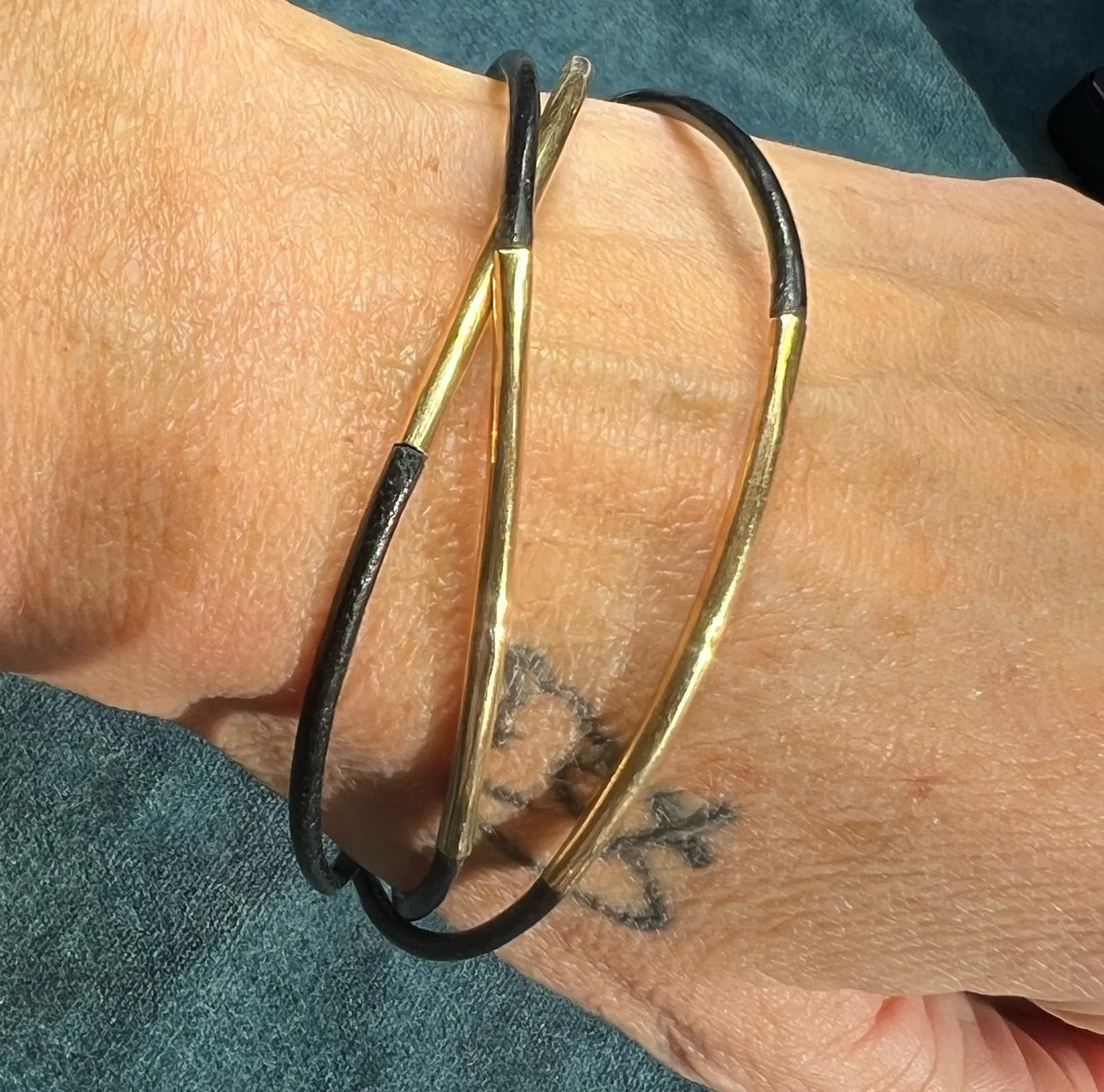14k Yellow Gold and Black Leather Slip-On Bangles. Set of 3