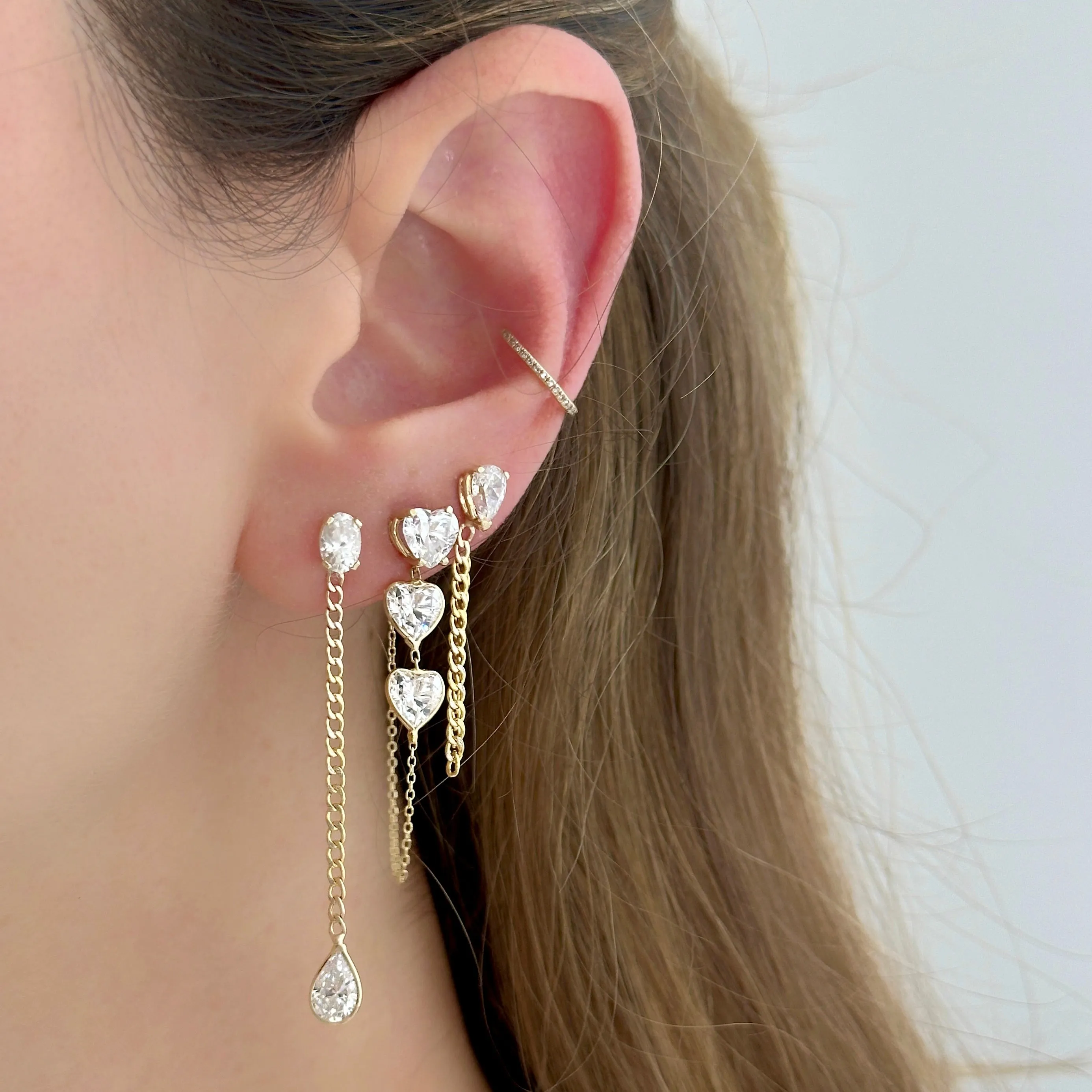 14K Yellow Gold Oval And Drop White Cuban Chain Earrings