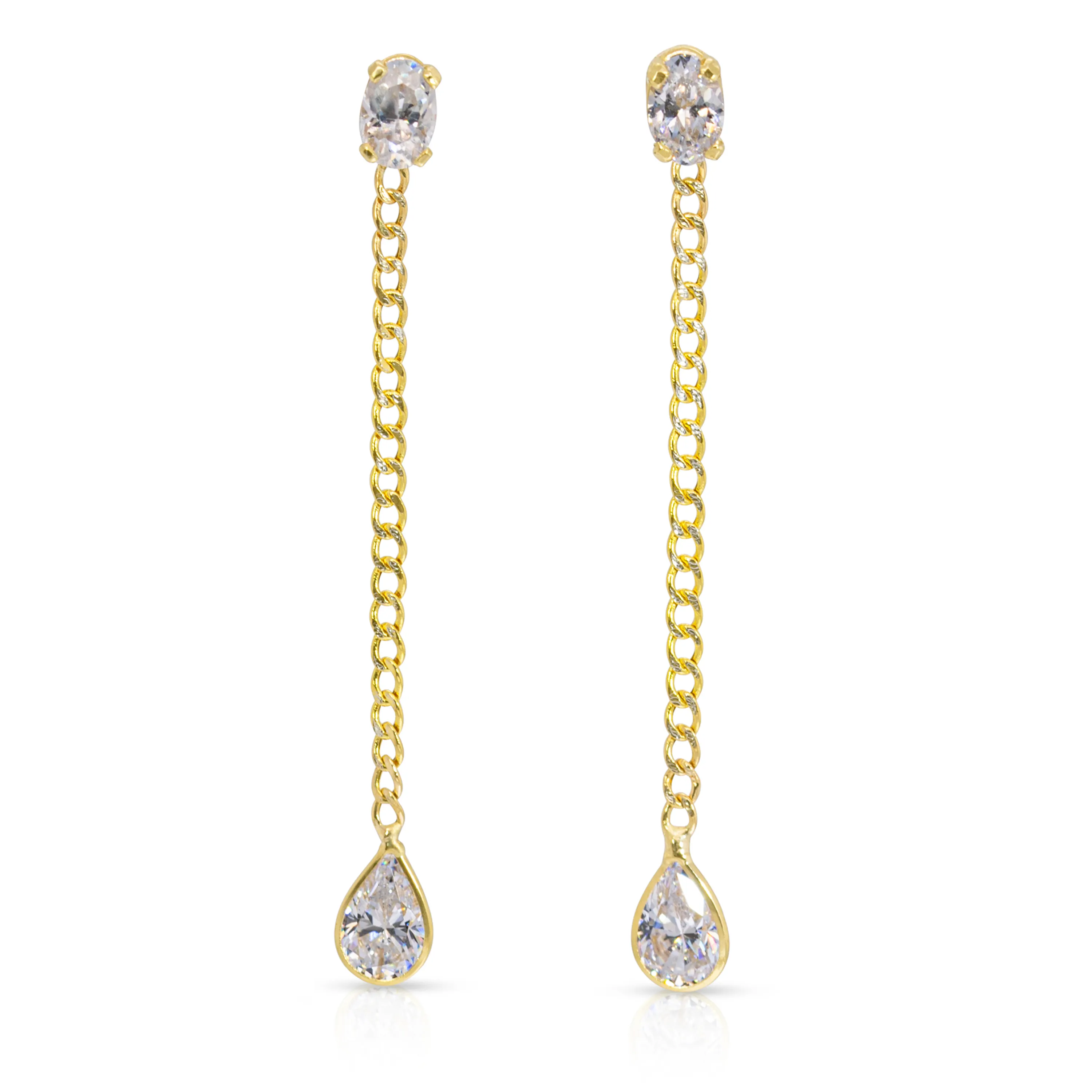 14K Yellow Gold Oval And Drop White Cuban Chain Earrings