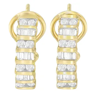 14K Yellow Gold Round and Baguette-cut Diamond Earrings