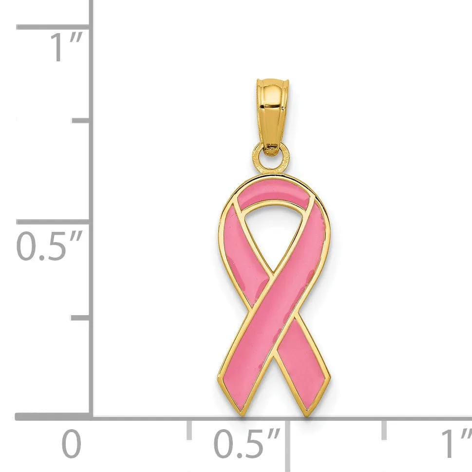 14k Yellow Gold Solid Texture Polished Pink Enameled Finish Awareness Ribbon Charm Pendant