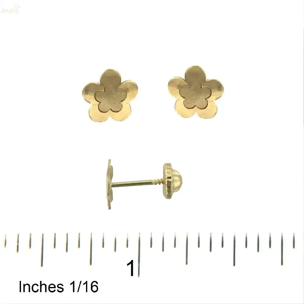 18K Gold Polished and Satin Finish Flower Screwback Earrings