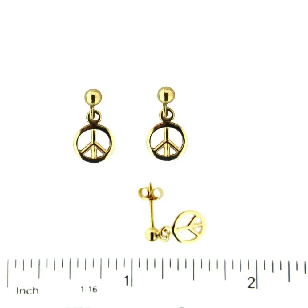 18K Solid Yellow Gold Peace Sign Post Dangle Earrings