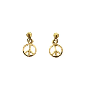 18K Solid Yellow Gold Peace Sign Post Dangle Earrings