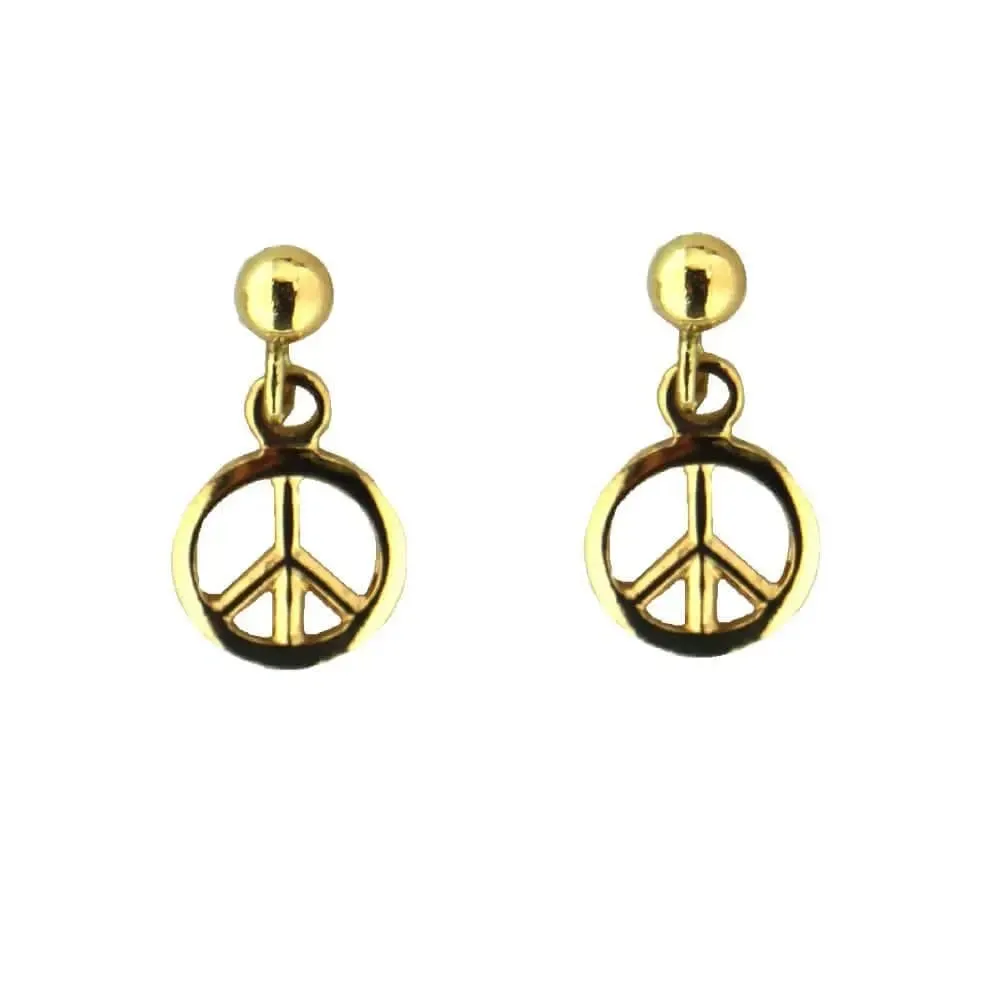 18K Solid Yellow Gold Peace Sign Post Dangle Earrings