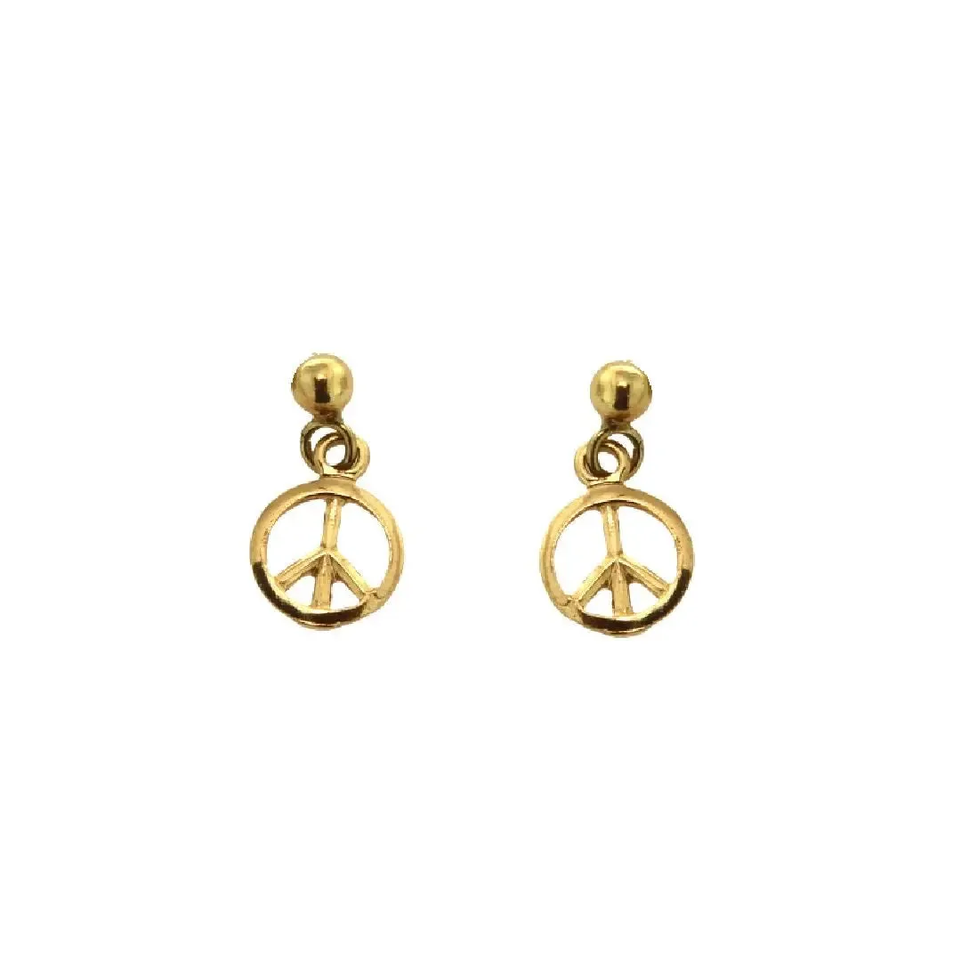 18K Solid Yellow Gold Peace Sign Post Dangle Earrings