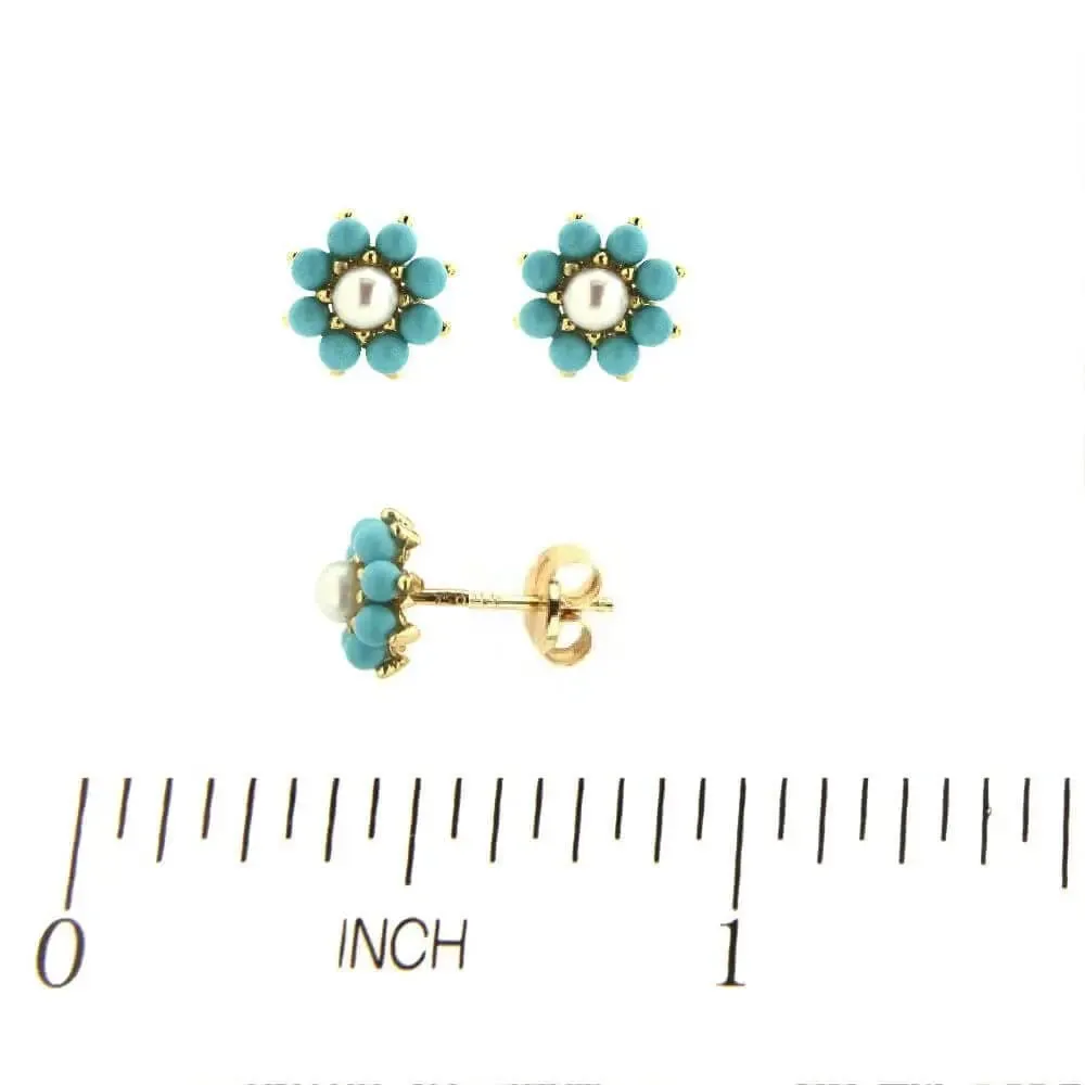 18K Yellow Gold Turquoise and Pearl Flower Pots Earrings