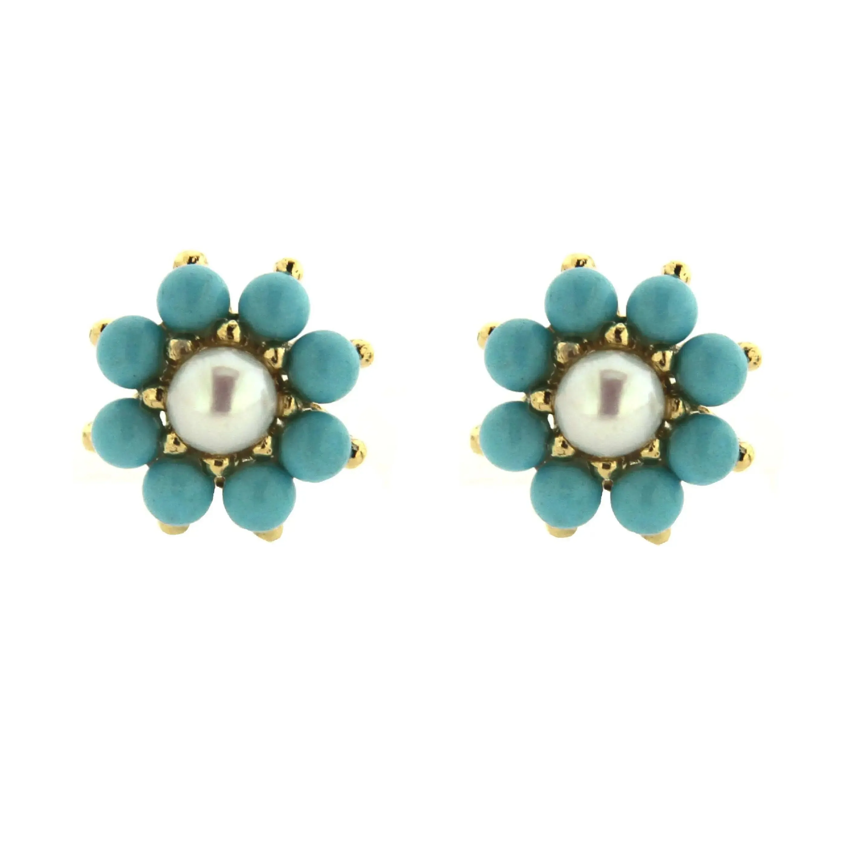 18K Yellow Gold Turquoise and Pearl Flower Pots Earrings