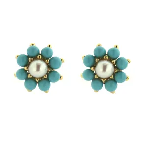 18K Yellow Gold Turquoise and Pearl Flower Pots Earrings