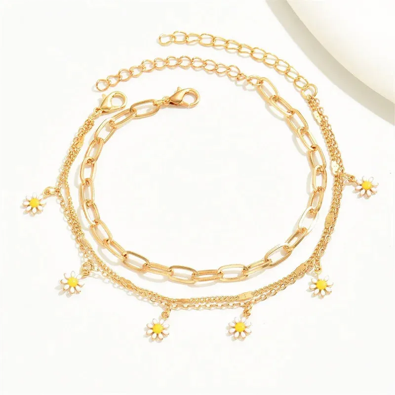 3pcs/set Small Daisy Flower Multilayer Chain Anklets
