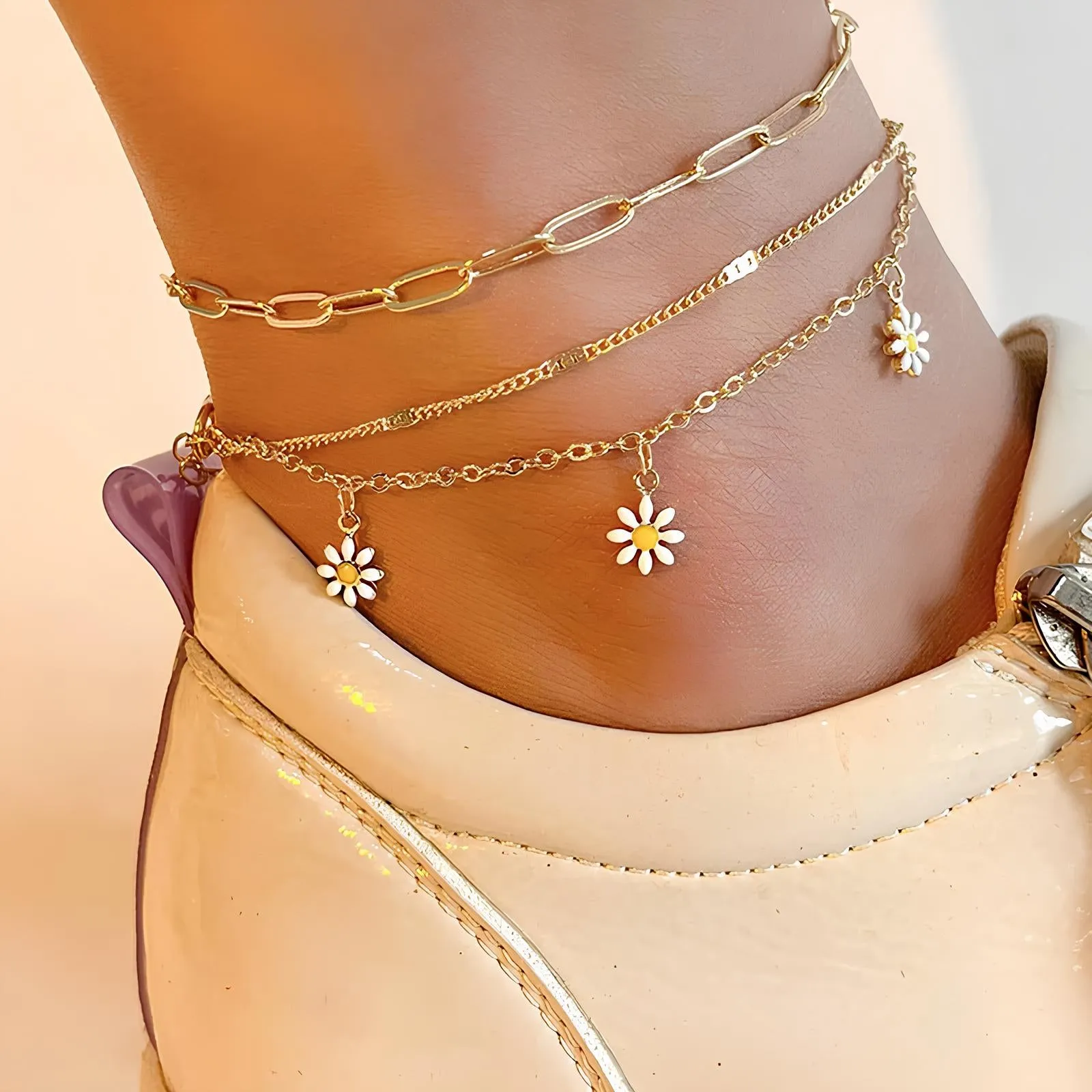 3pcs/set Small Daisy Flower Multilayer Chain Anklets