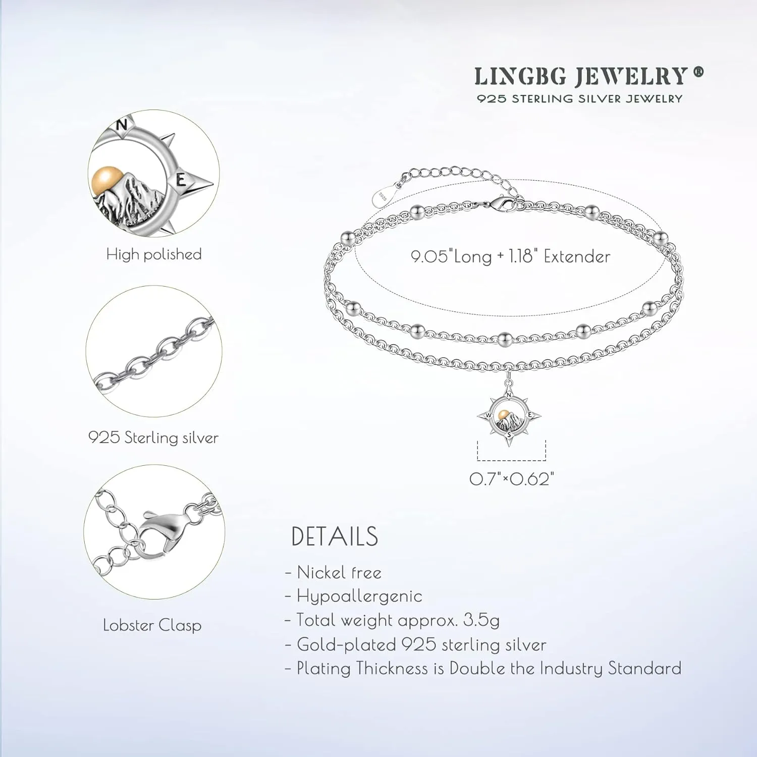 925 Sterling Silver Anklets for Women Layered Adjustable Ankle Bracelet for Best Friends - 9.5" with 1.2" Extender