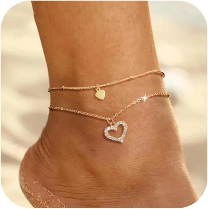 925 Sterling Silver Heart CZ Anklets Bracelet for Women 14K Gold Plated Created Layered Anklet Bracelet Dainty Beads Heart Anklets for Mother Ankle Chain Beach Wedding Graduation Jewelry Gift for Her