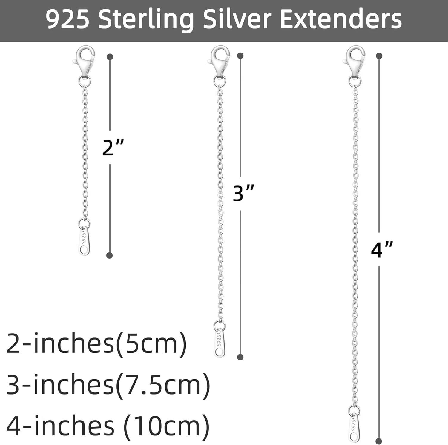 925 Sterling Silver Necklace Extender Sterling Silver Necklace Chain Extenders for Necklaces 2", 3", 4" Inches