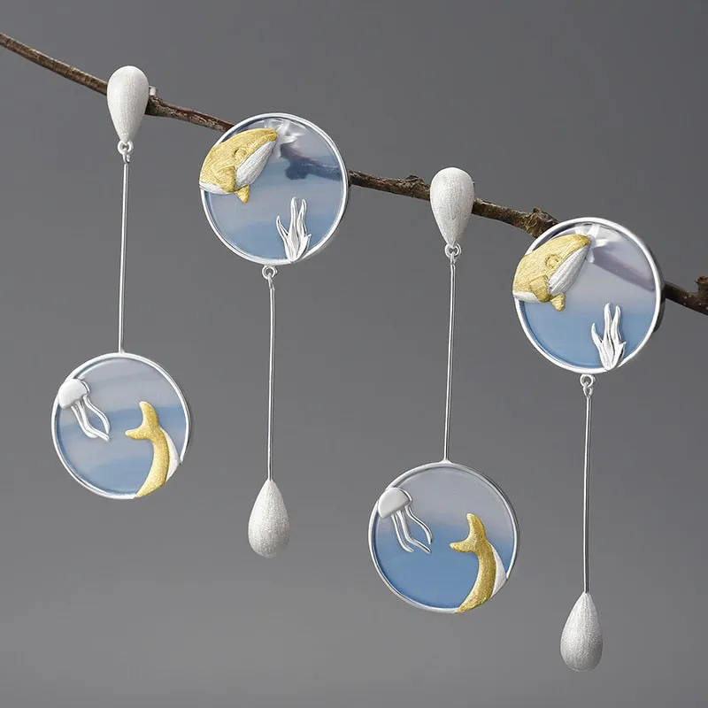Agate Whale Long Drop Earrings