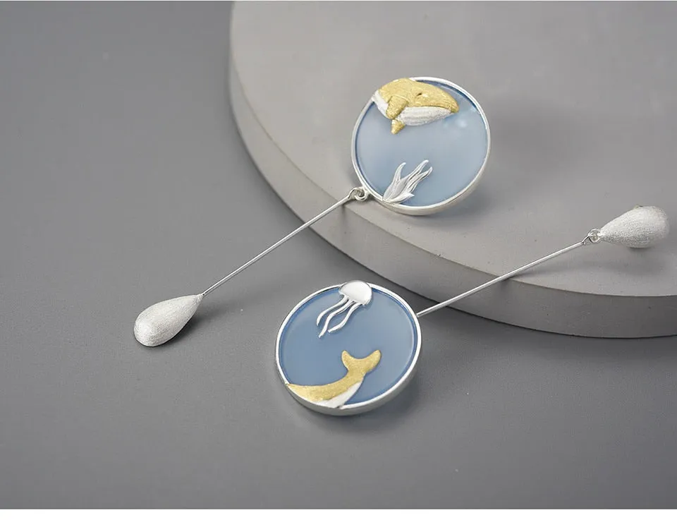 Agate Whale Long Drop Earrings