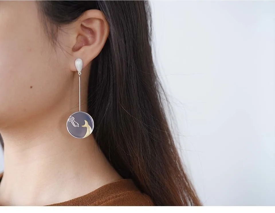 Agate Whale Long Drop Earrings