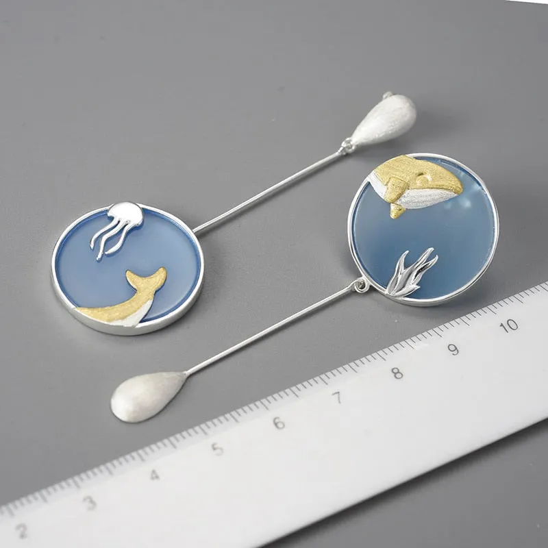 Agate Whale Long Drop Earrings