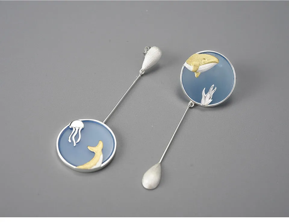 Agate Whale Long Drop Earrings