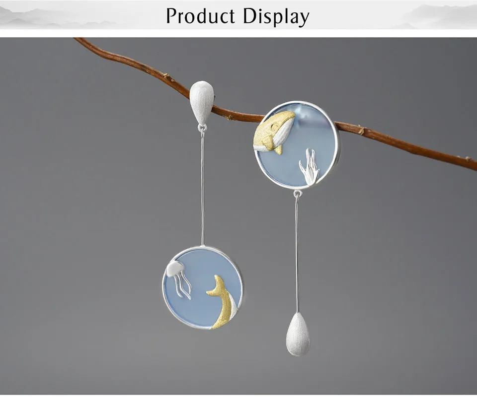 Agate Whale Long Drop Earrings