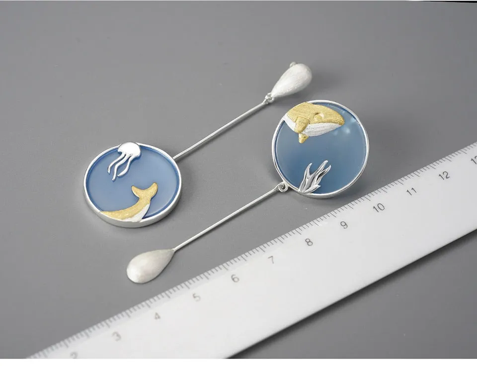 Agate Whale Long Drop Earrings