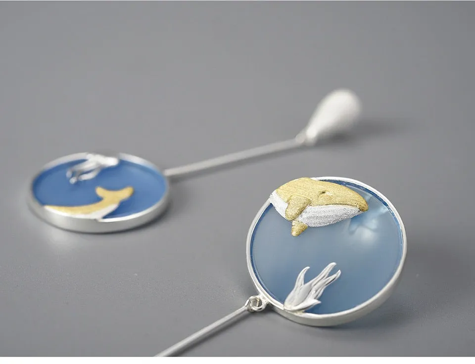 Agate Whale Long Drop Earrings