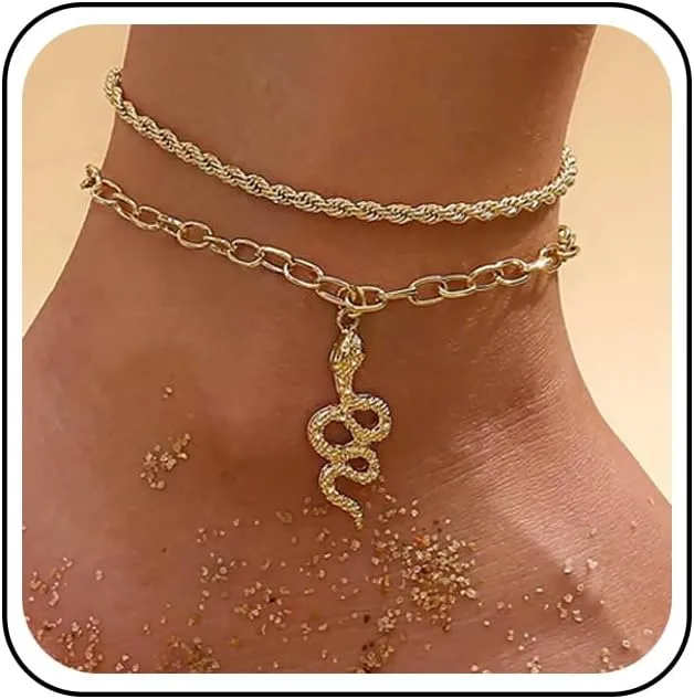 Andelaisi Boho Layered Snake Ankle Bracelet Punk Snake Pendant Anklet Gold Serpent Anklet Foot Chain Vintage Paperclip Chain Anklet for Women