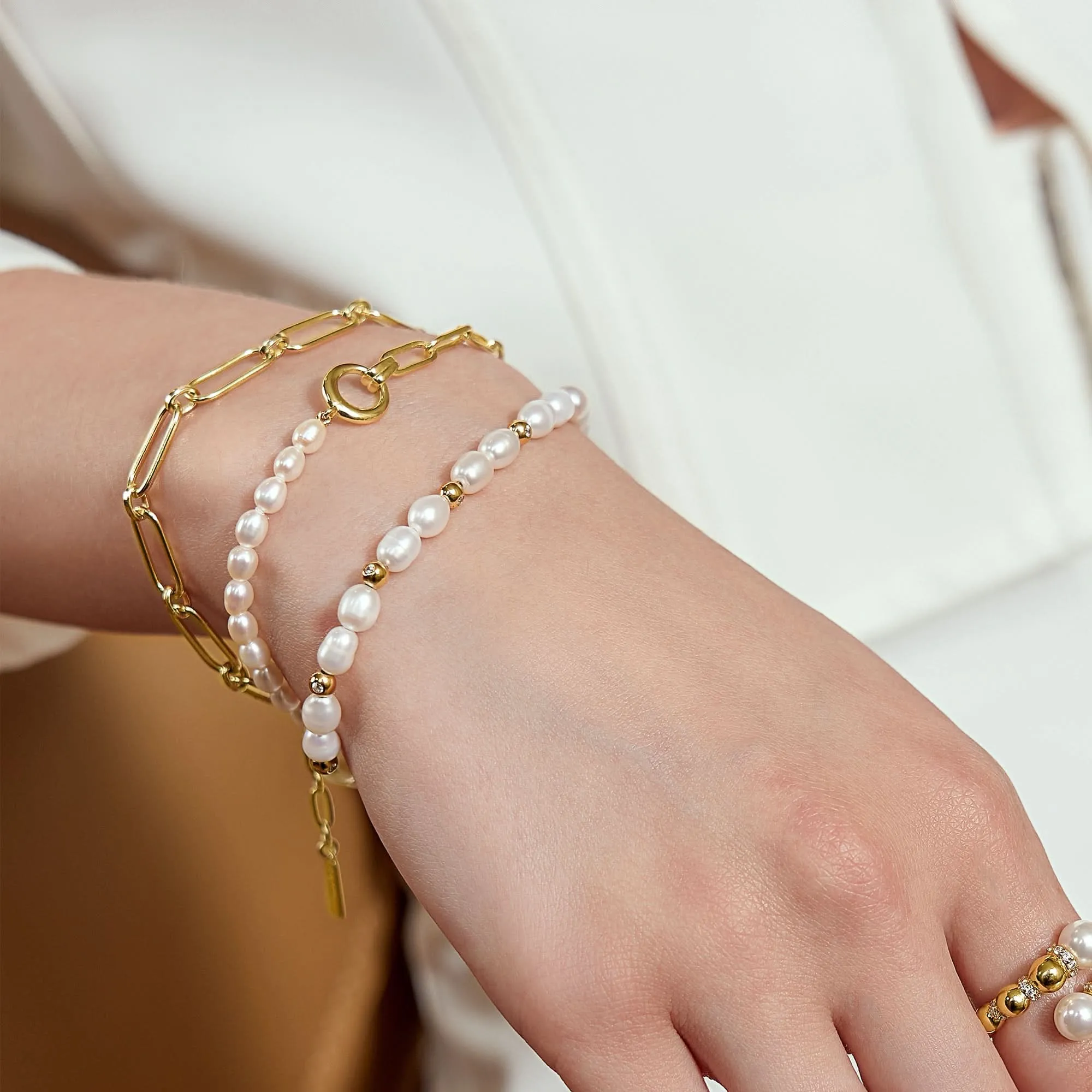 Ania Haie Gold Freshwater Pearl White Cubic Zirconia Bezel Set Bracelet B058-05G