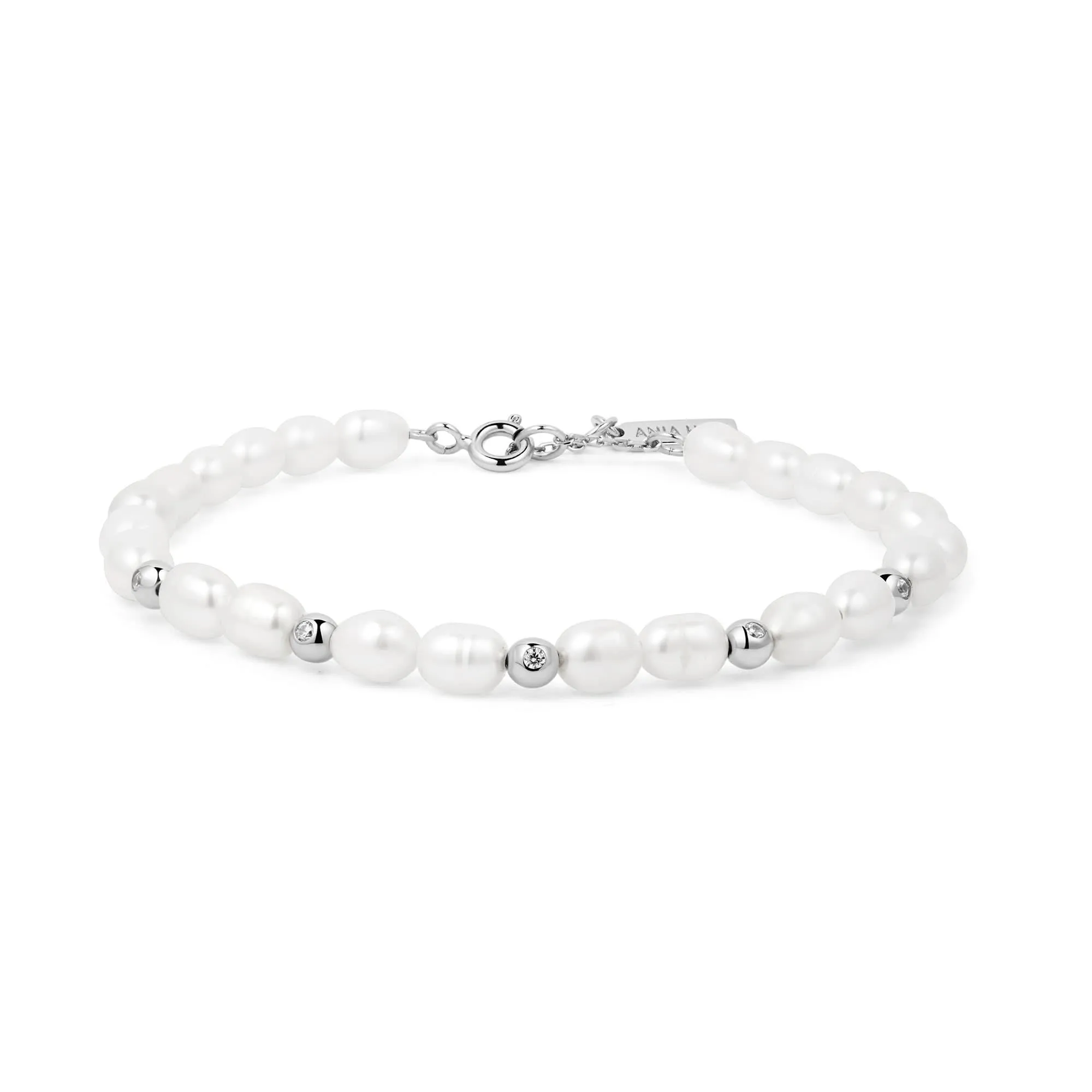 Ania Haie Silver Freshwater Pearl White Cubic Zirconia Bezel Set Bracelet B058-05H