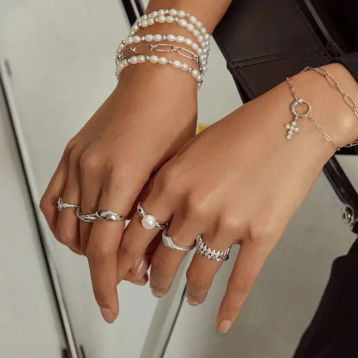 Ania Haie Silver Freshwater Pearl White Cubic Zirconia Bezel Set Bracelet B058-05H