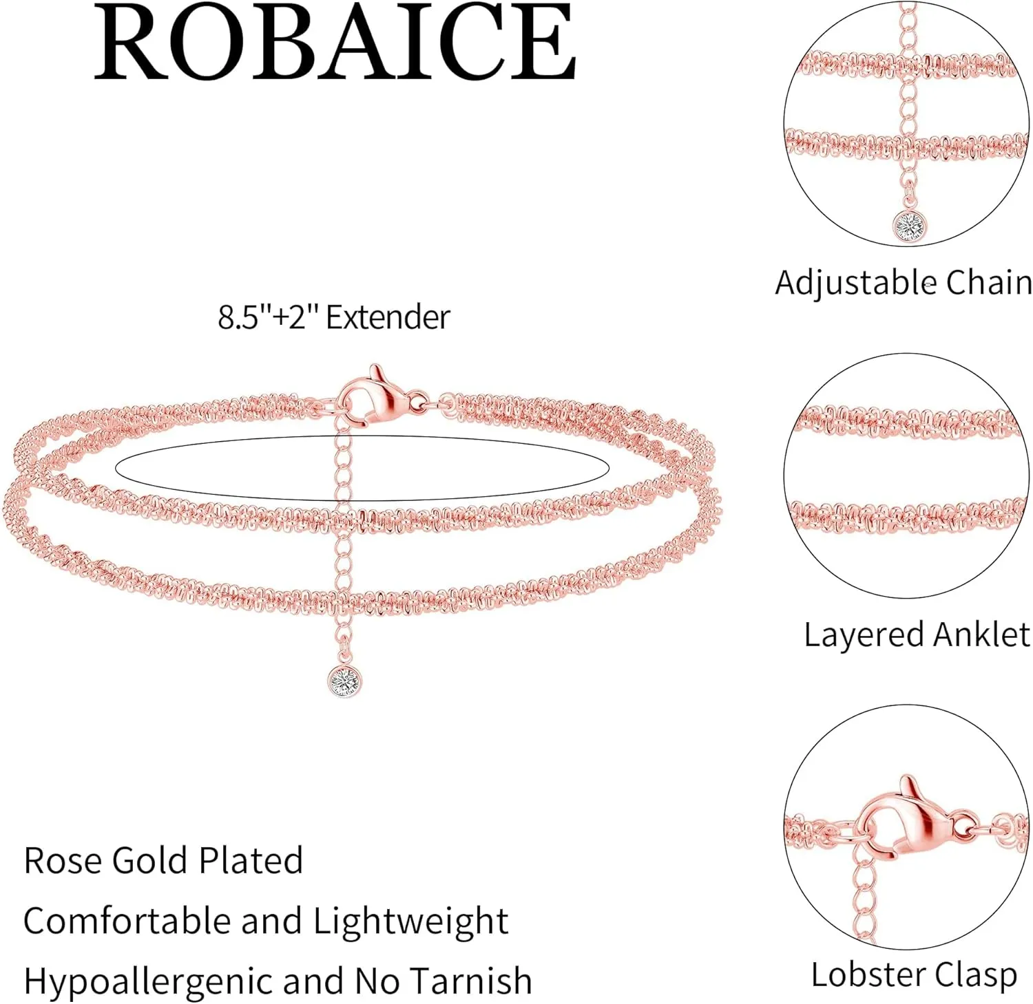 Ankle Bracelets for Women, Glitter Waterproof Adjustable Anklet for Women, 14K Gold Plated/Sterling Silver Layered Anklets, Summer Beach Anklet Jewelry for Women Gift