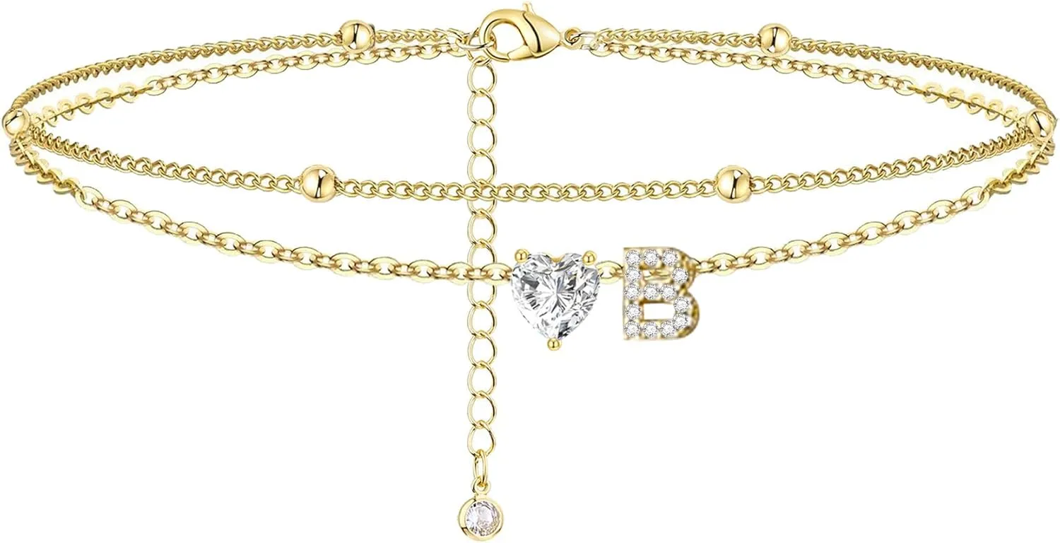 Anklets Bracelets for Women 14k Gold Plated Waterproof CZ Initial Anklet for Women Layered Letter Heart Ankle Bracelets Beach Adjustable Foot Chain