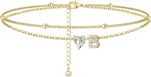 Anklets Bracelets for Women 14k Gold Plated Waterproof CZ Initial Anklet for Women Layered Letter Heart Ankle Bracelets Beach Adjustable Foot Chain
