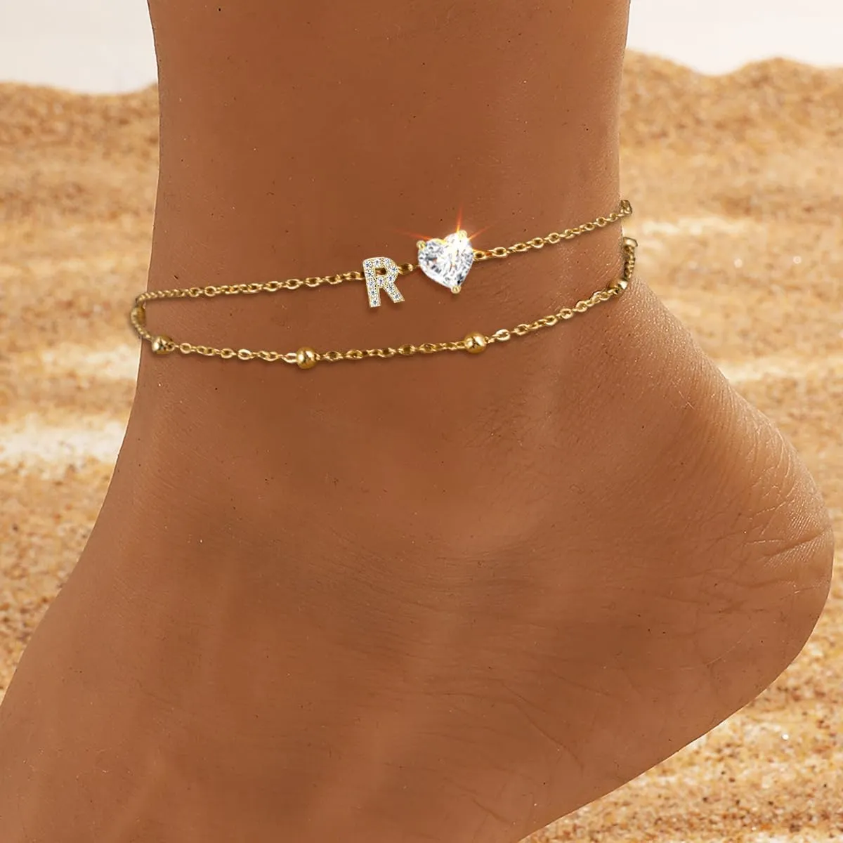 Anklets Bracelets for Women 14k Gold Plated Waterproof CZ Initial Anklet for Women Layered Letter Heart Ankle Bracelets Beach Adjustable Foot Chain