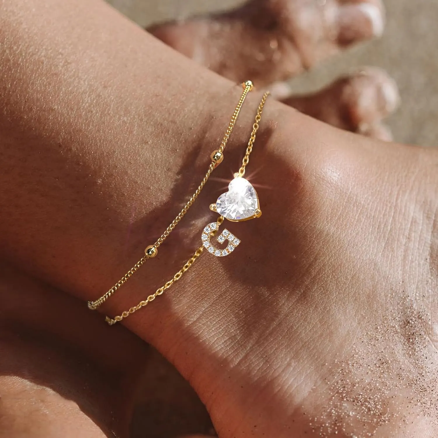 Anklets Bracelets for Women 14k Gold Plated Waterproof CZ Initial Anklet for Women Layered Letter Heart Ankle Bracelets Beach Adjustable Foot Chain