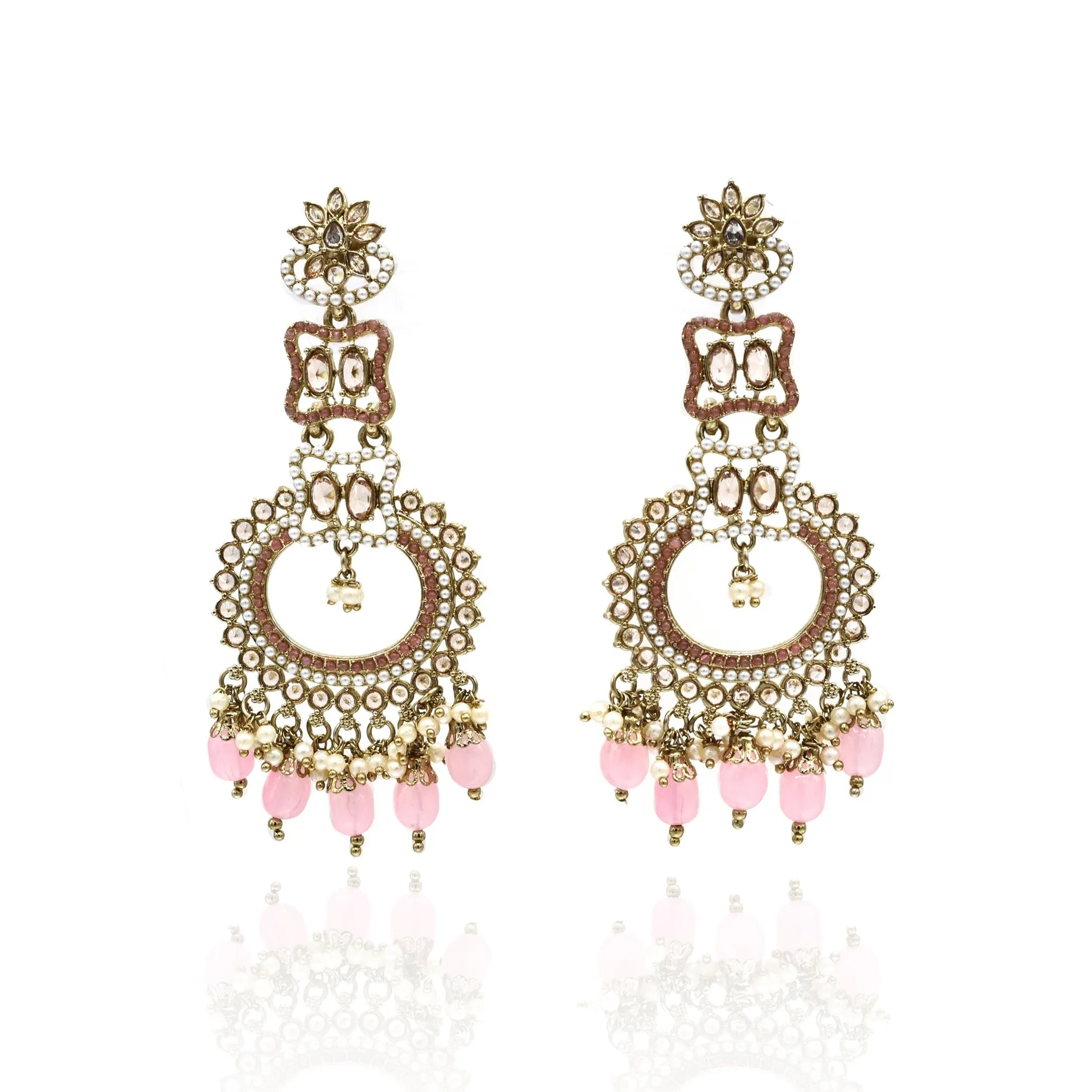 Annvi Pearl Polki Studded Set - Pink