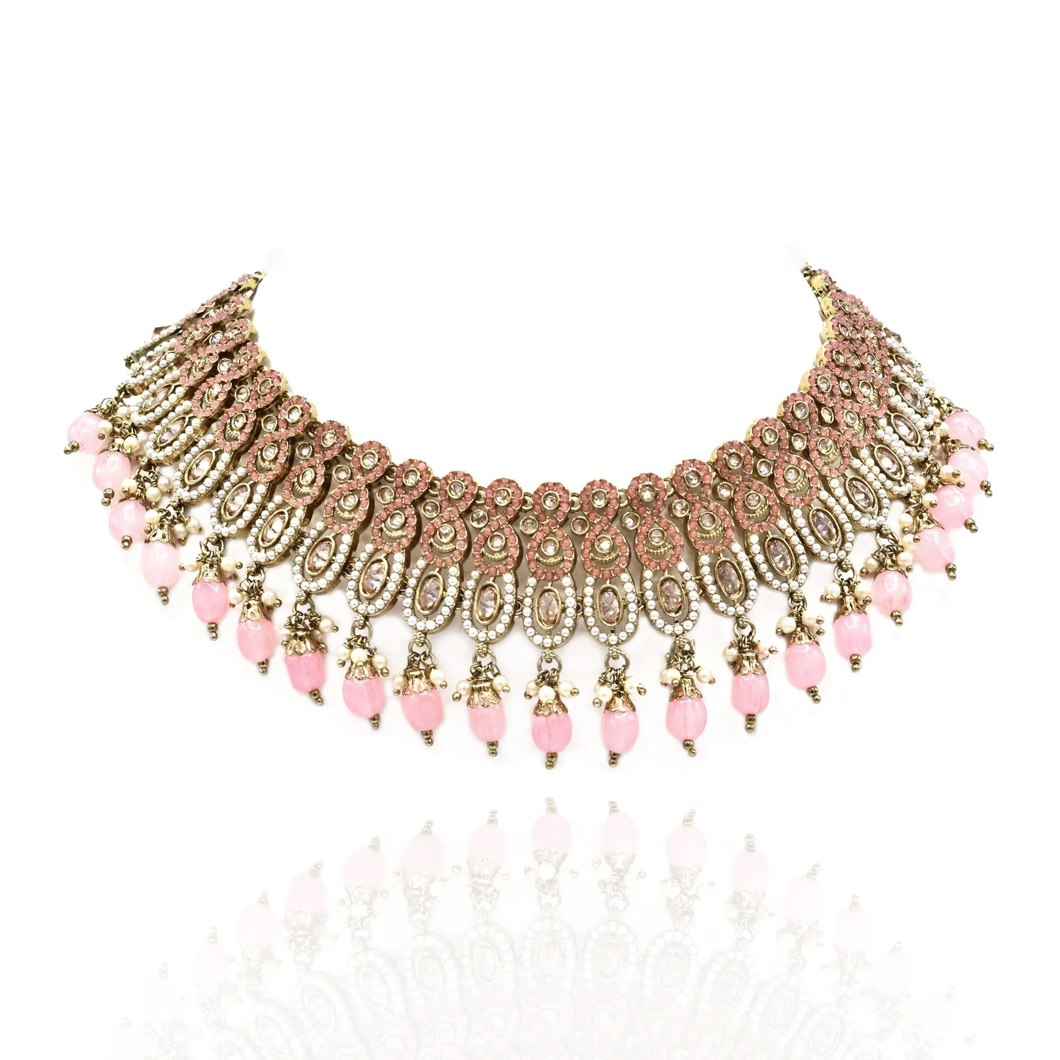 Annvi Pearl Polki Studded Set - Pink