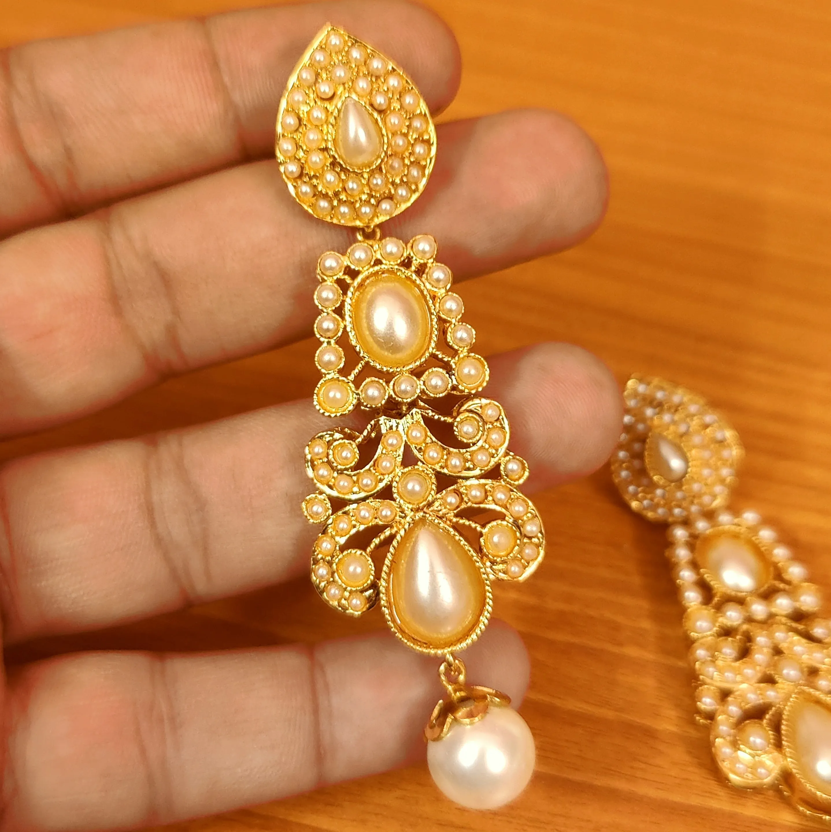 ANTIQUE GOLD LOOK PEARL STUDDED ETHNIC DANGLERS