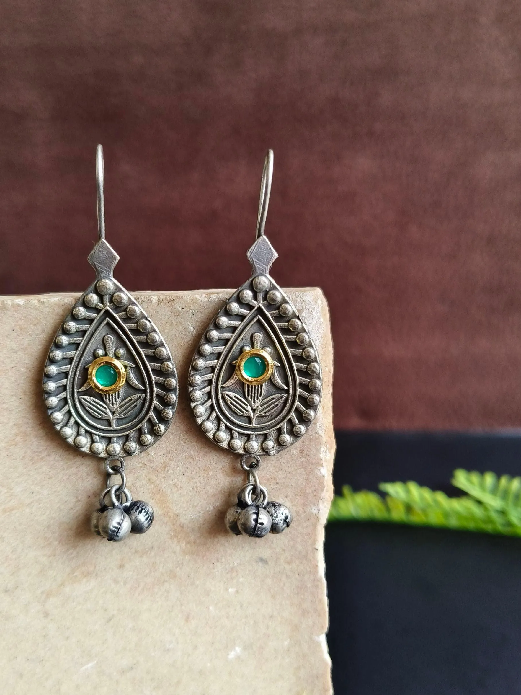 Antique Silver Hook Earrings with Kundan for Casual Chic | Sarichka