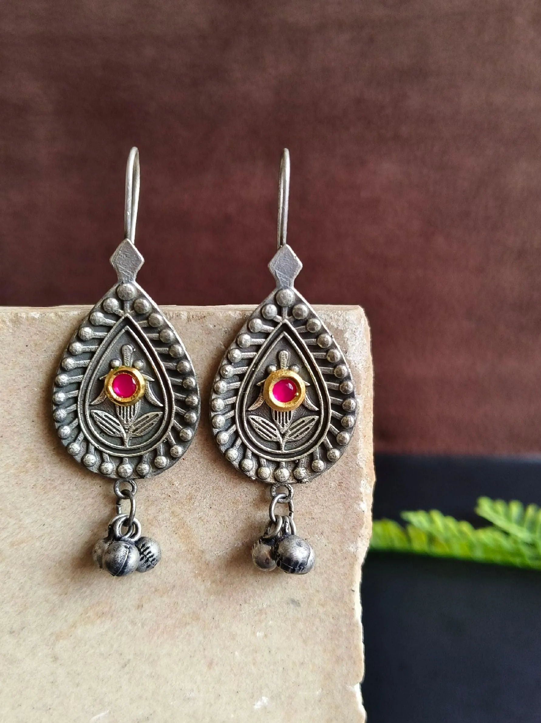 Antique Silver Hook Earrings with Kundan for Casual Chic | Sarichka