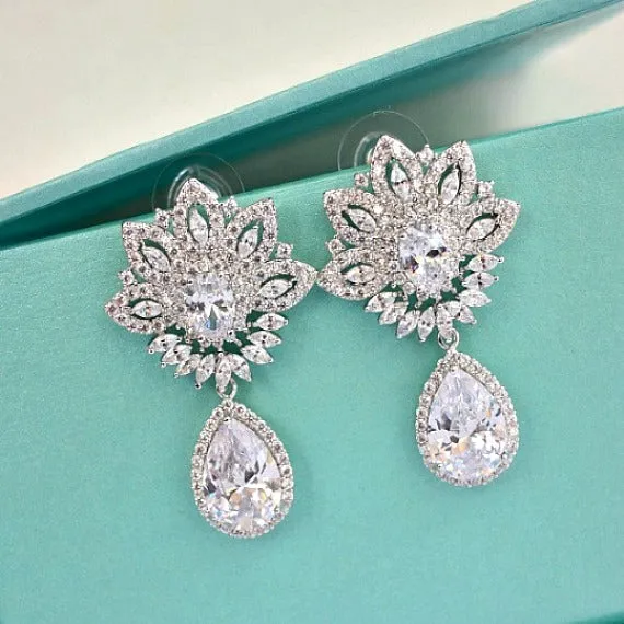 Art Deco CZ Flower Crystal Bridal Earrings. Cubic Zirconia Bridal Drop Earrings. Statement Chandelier Wedding Earrings. Bridesmaid Earrings.