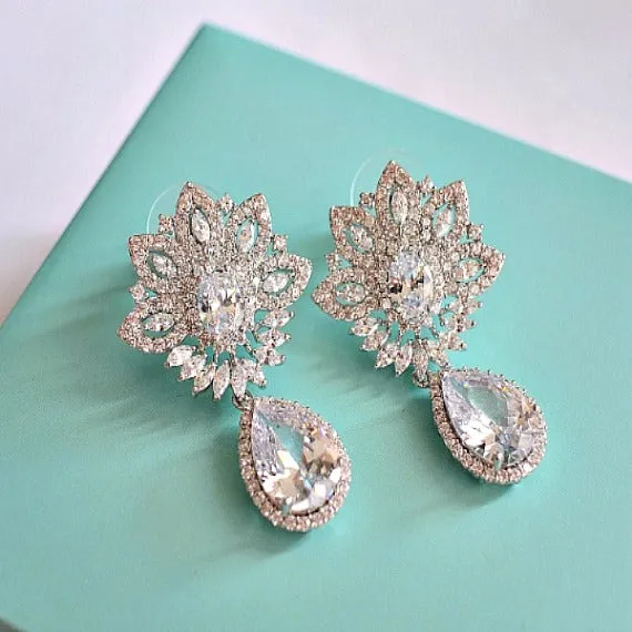 Art Deco CZ Flower Crystal Bridal Earrings. Cubic Zirconia Bridal Drop Earrings. Statement Chandelier Wedding Earrings. Bridesmaid Earrings.