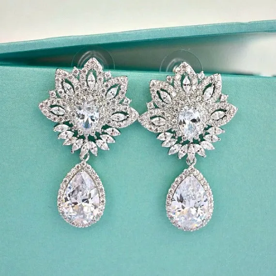 Art Deco CZ Flower Crystal Bridal Earrings. Cubic Zirconia Bridal Drop Earrings. Statement Chandelier Wedding Earrings. Bridesmaid Earrings.