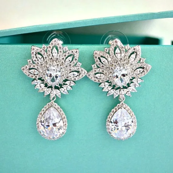 Art Deco CZ Flower Crystal Bridal Earrings. Cubic Zirconia Bridal Drop Earrings. Statement Chandelier Wedding Earrings. Bridesmaid Earrings.
