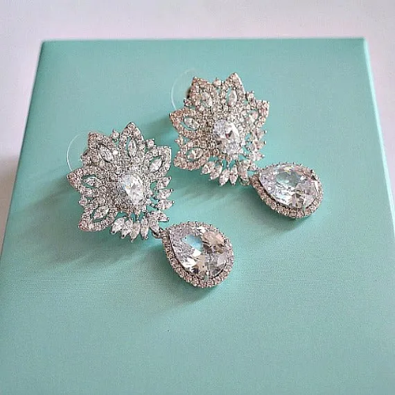 Art Deco CZ Flower Crystal Bridal Earrings. Cubic Zirconia Bridal Drop Earrings. Statement Chandelier Wedding Earrings. Bridesmaid Earrings.