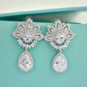 Art Deco CZ Flower Crystal Bridal Earrings. Cubic Zirconia Bridal Drop Earrings. Statement Chandelier Wedding Earrings. Bridesmaid Earrings.